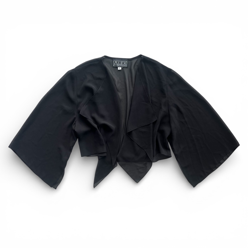 Alex Evenings M Black Chiffon Sheer Wide Sleeve Drape Front Cropped Bolero Shrug